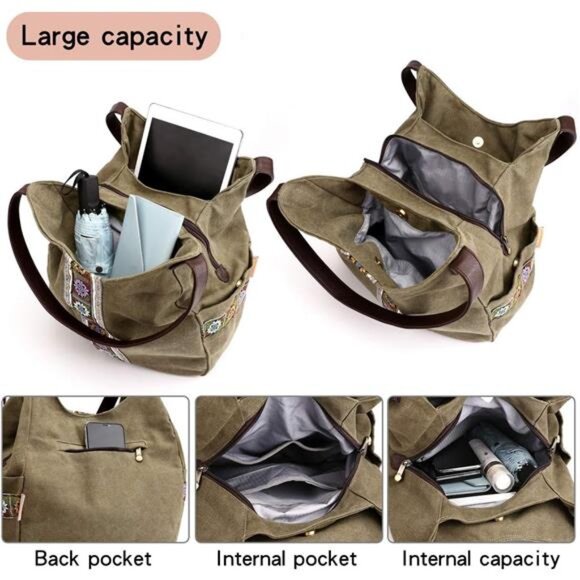 Women Canvas Hobo Purse Multi Pocket Tote Shopper Shoulder Bag Casual Top Handle - Picture 4 of 7